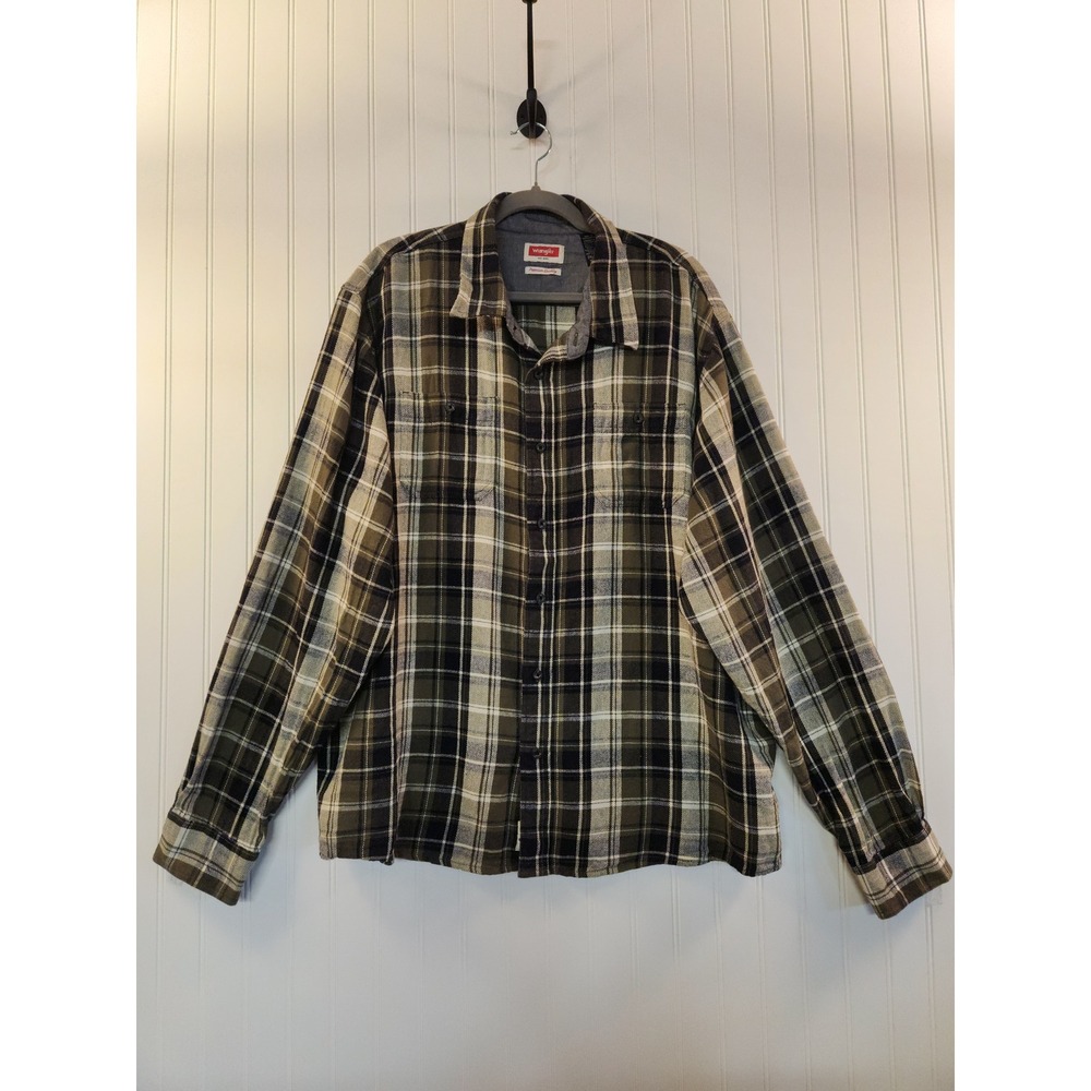 Wrangler‎ Mens 2XL Plaid Flannel Shirt Olive Green Black Button Down Long Sleeve